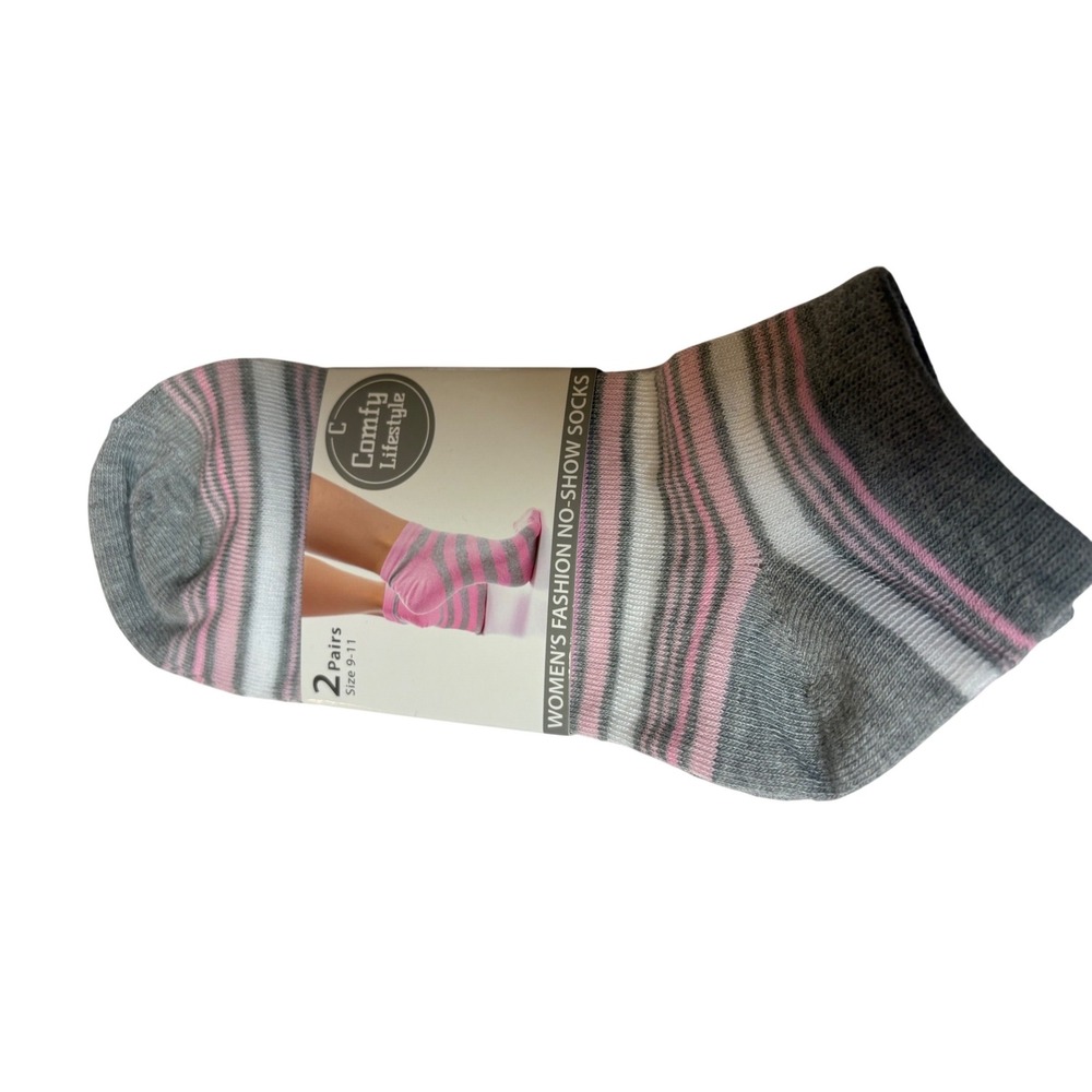 Comfy Lifestyle Womens No-Show Socks 2 Pairs Pink Grey Striped Size 9-11